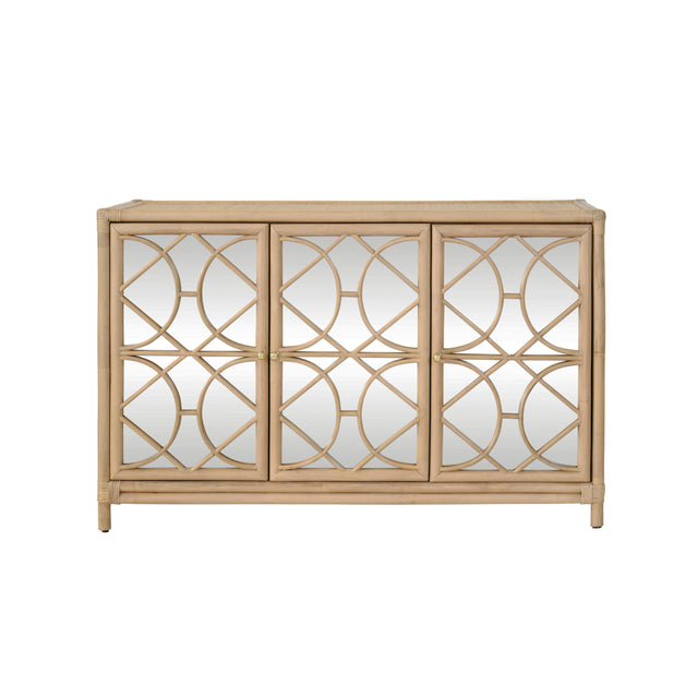 Worlds Away Three Door Decorative Mirror Front Buffet In Natural Rattan