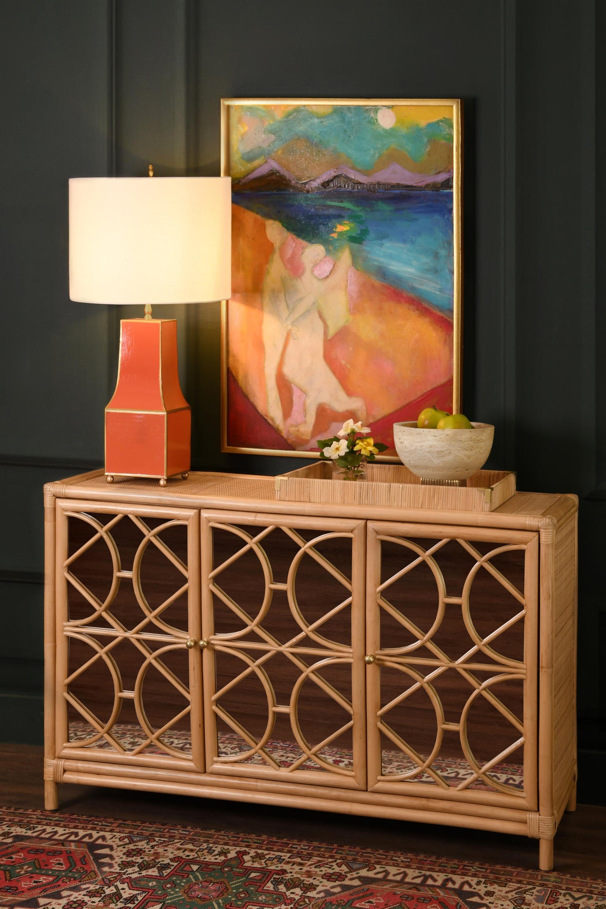 Worlds Away Three Door Decorative Mirror Front Buffet In Natural Rattan