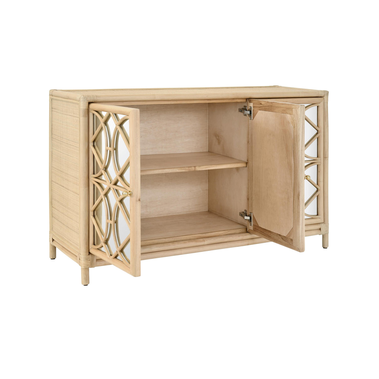 Worlds Away Three Door Decorative Mirror Front Buffet In Natural Rattan