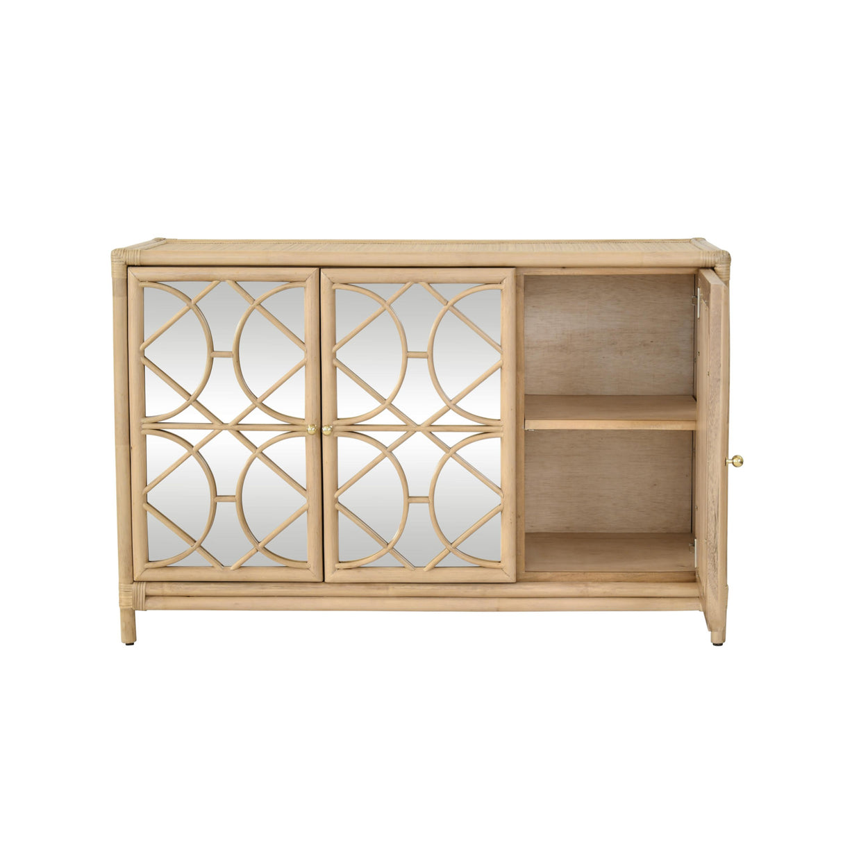 Worlds Away Three Door Decorative Mirror Front Buffet In Natural Rattan