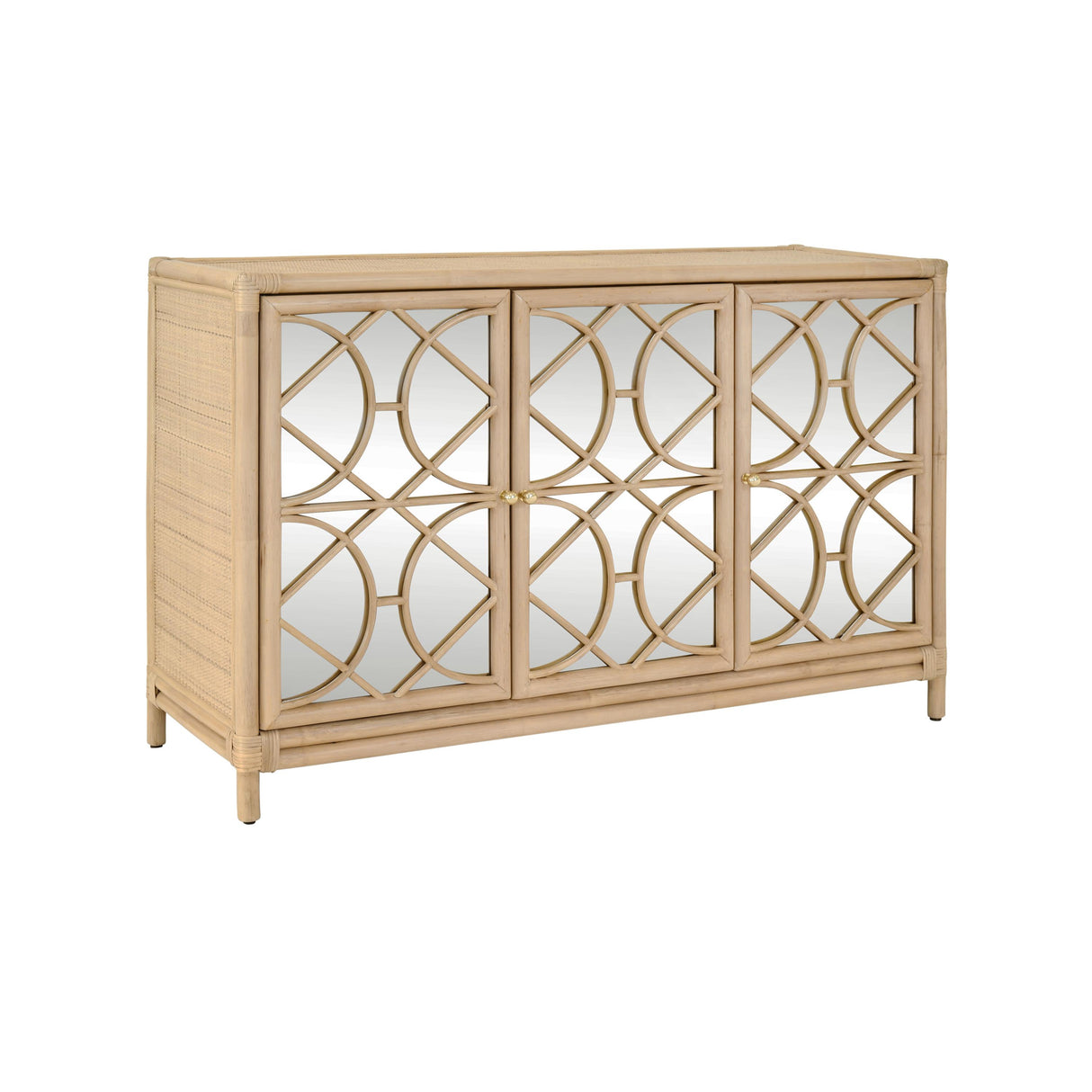 Worlds Away Three Door Decorative Mirror Front Buffet In Natural Rattan