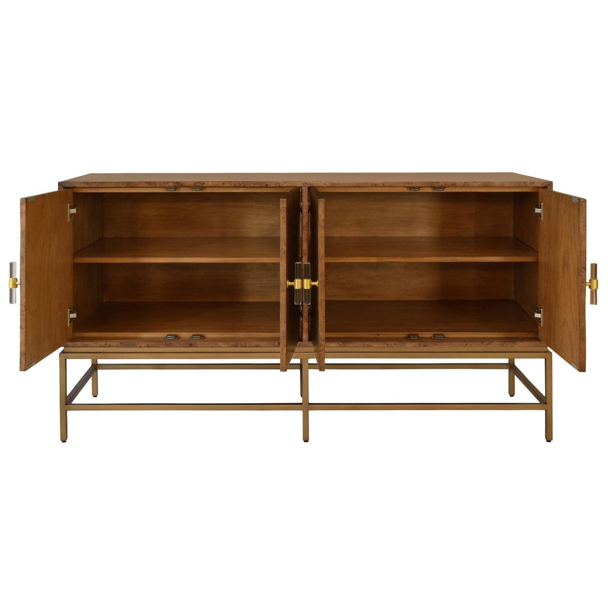 Worlds Away Four Door Buffet With Antique Brass Metal Base In Dark Burl Wood