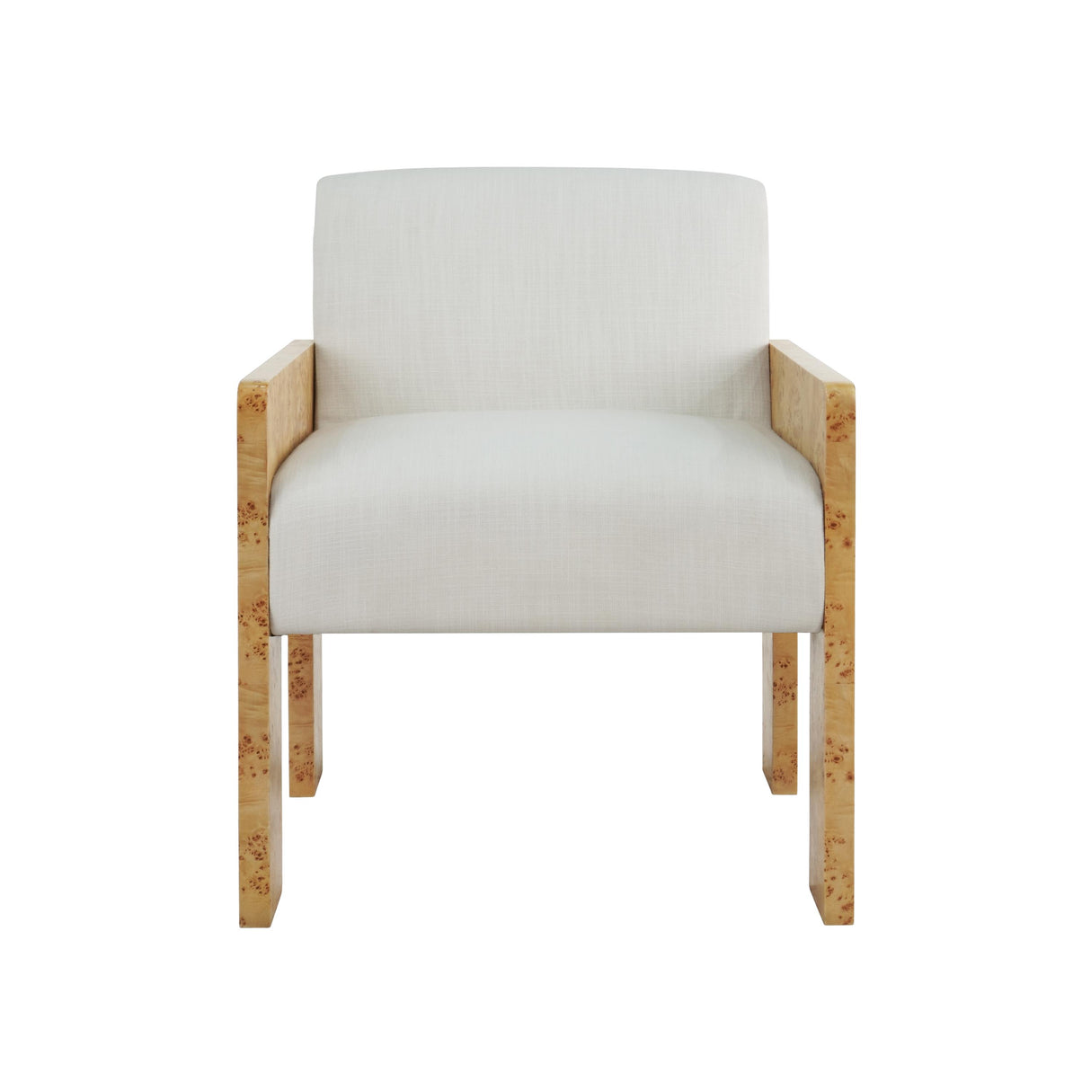 Worlds Away Square Arm Wooden Accent Chair In Burl Wood With Performance White Linen Upholstery