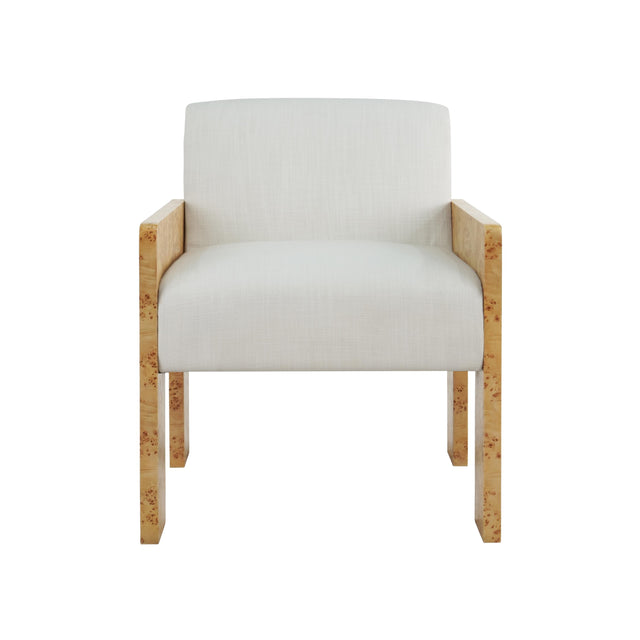 Worlds Away Square Arm Wooden Accent Chair In Burl Wood With Performance White Linen Upholstery