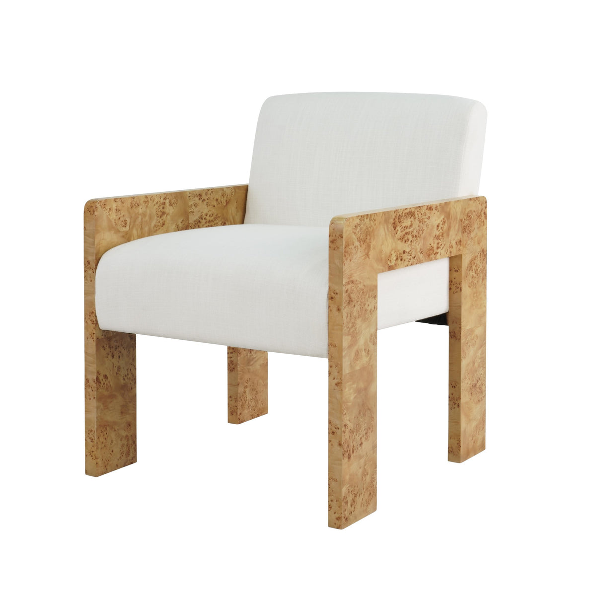 Worlds Away Square Arm Wooden Accent Chair In Burl Wood With Performance White Linen Upholstery