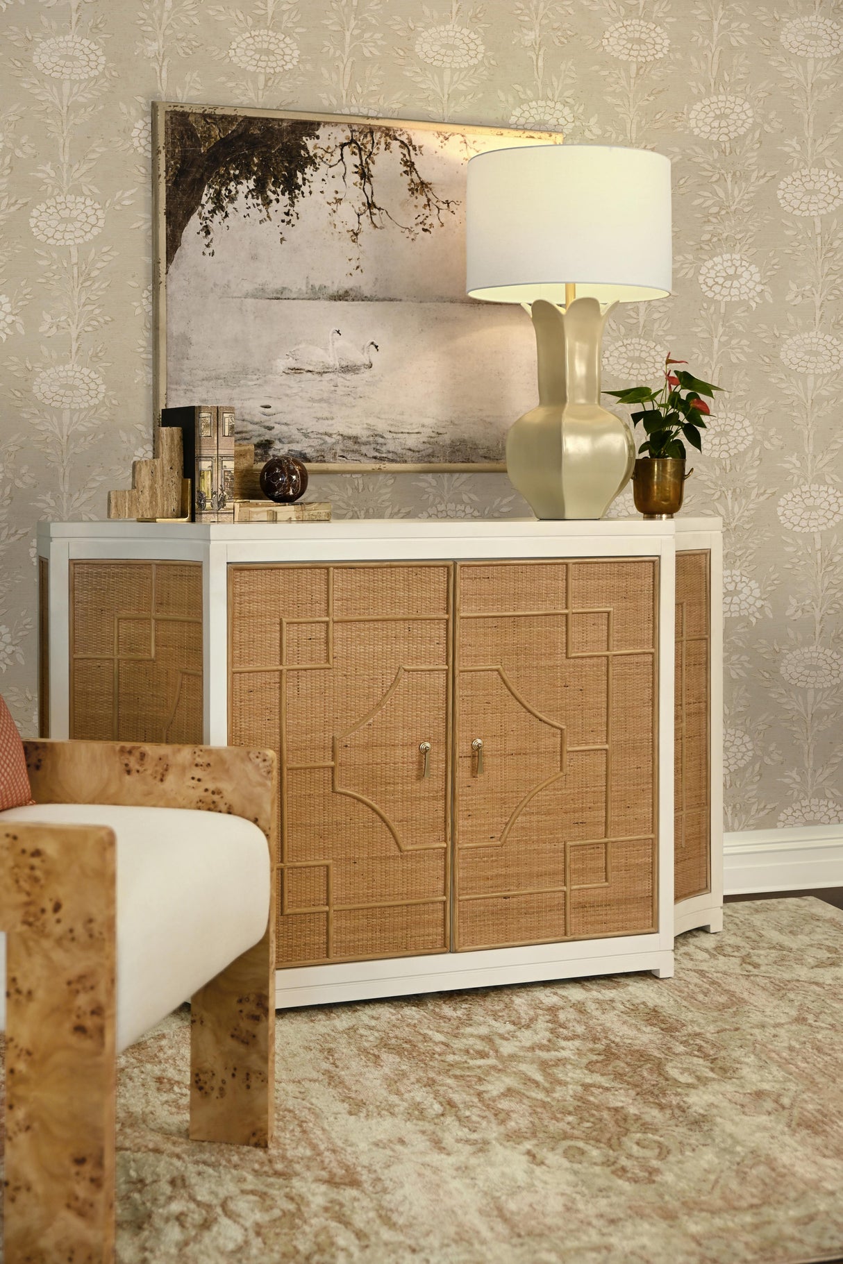Worlds Away Square Arm Wooden Accent Chair In Burl Wood With Performance White Linen Upholstery