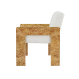 Worlds Away Square Arm Wooden Accent Chair In Burl Wood With Performance White Linen Upholstery