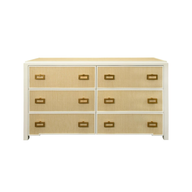 Worlds Away Six Drawer Chest With Matte White Lacquer Frame And Natural Grasscloth Drawer Fronts