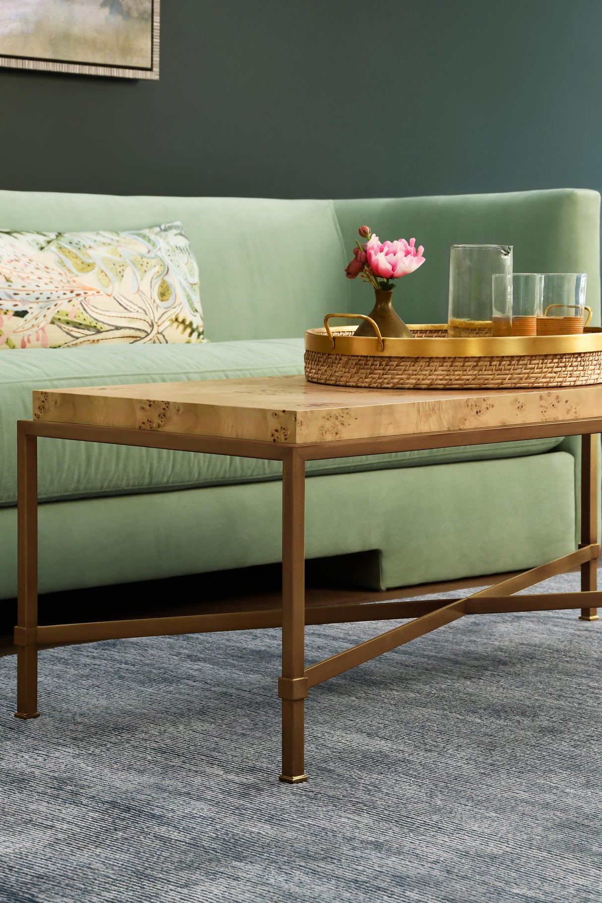Worlds Away Round Natural Rattan Tray With Brass Rim And Handles