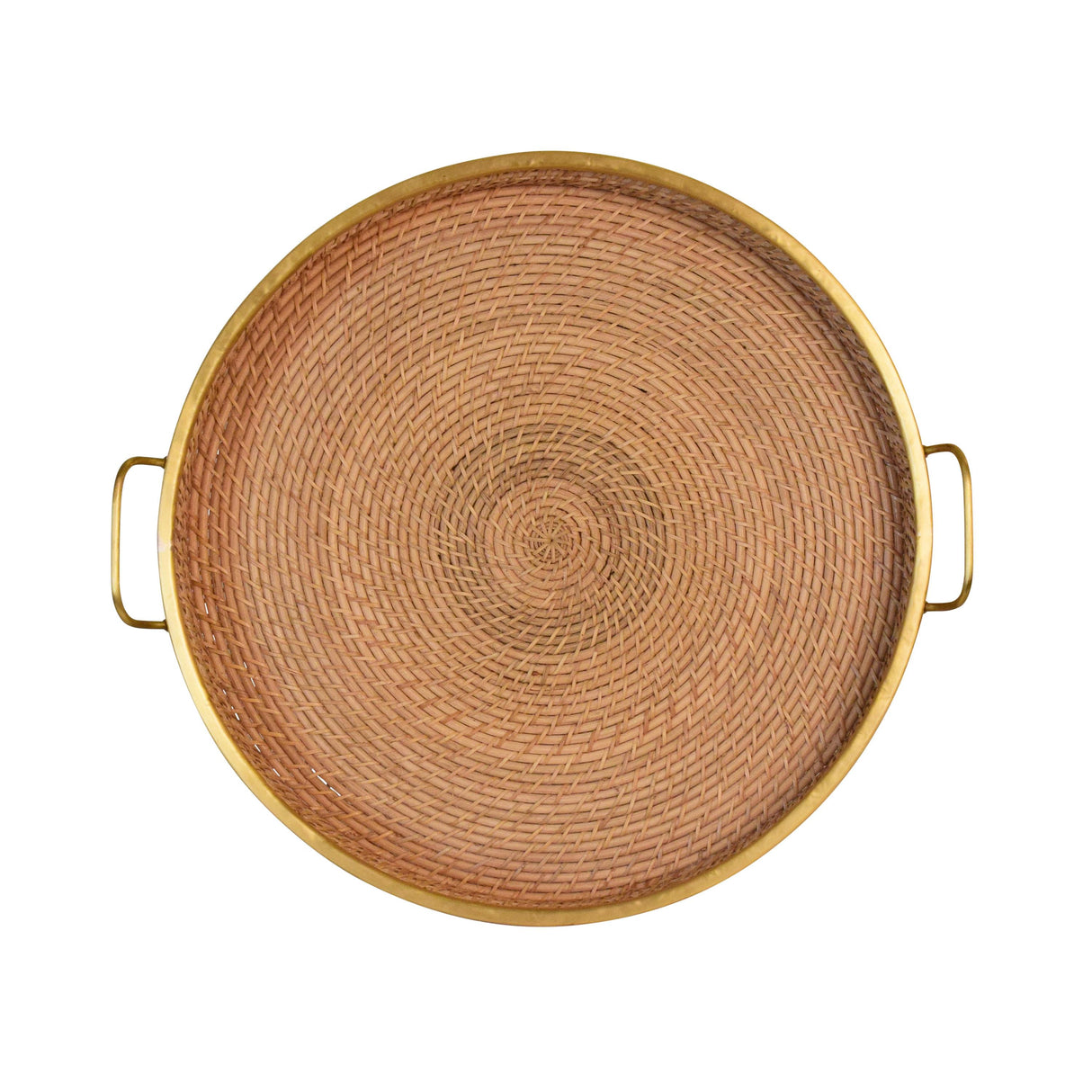 Worlds Away Round Natural Rattan Tray With Brass Rim And Handles