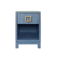 Worlds Away One Drawer Side Table With Large Brass Square Hardware In Blue Dyed Grasscloth With Glass Top