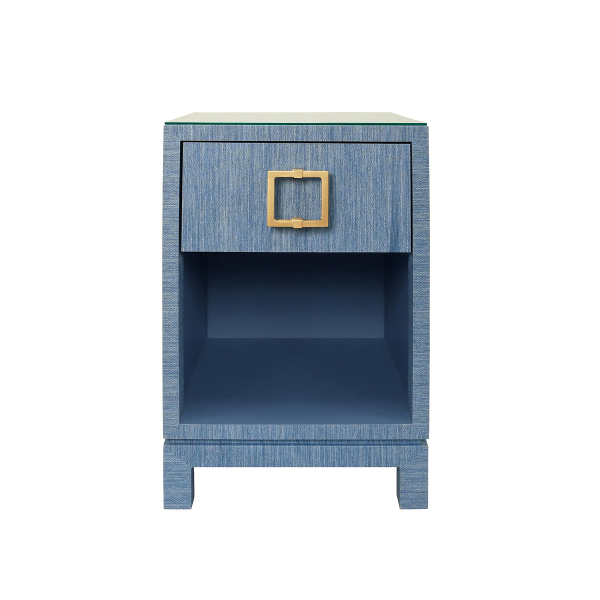 Worlds Away One Drawer Side Table With Large Brass Square Hardware In Blue Dyed Grasscloth With Glass Top