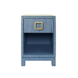 Worlds Away One Drawer Side Table With Large Brass Square Hardware In Blue Dyed Grasscloth With Glass Top