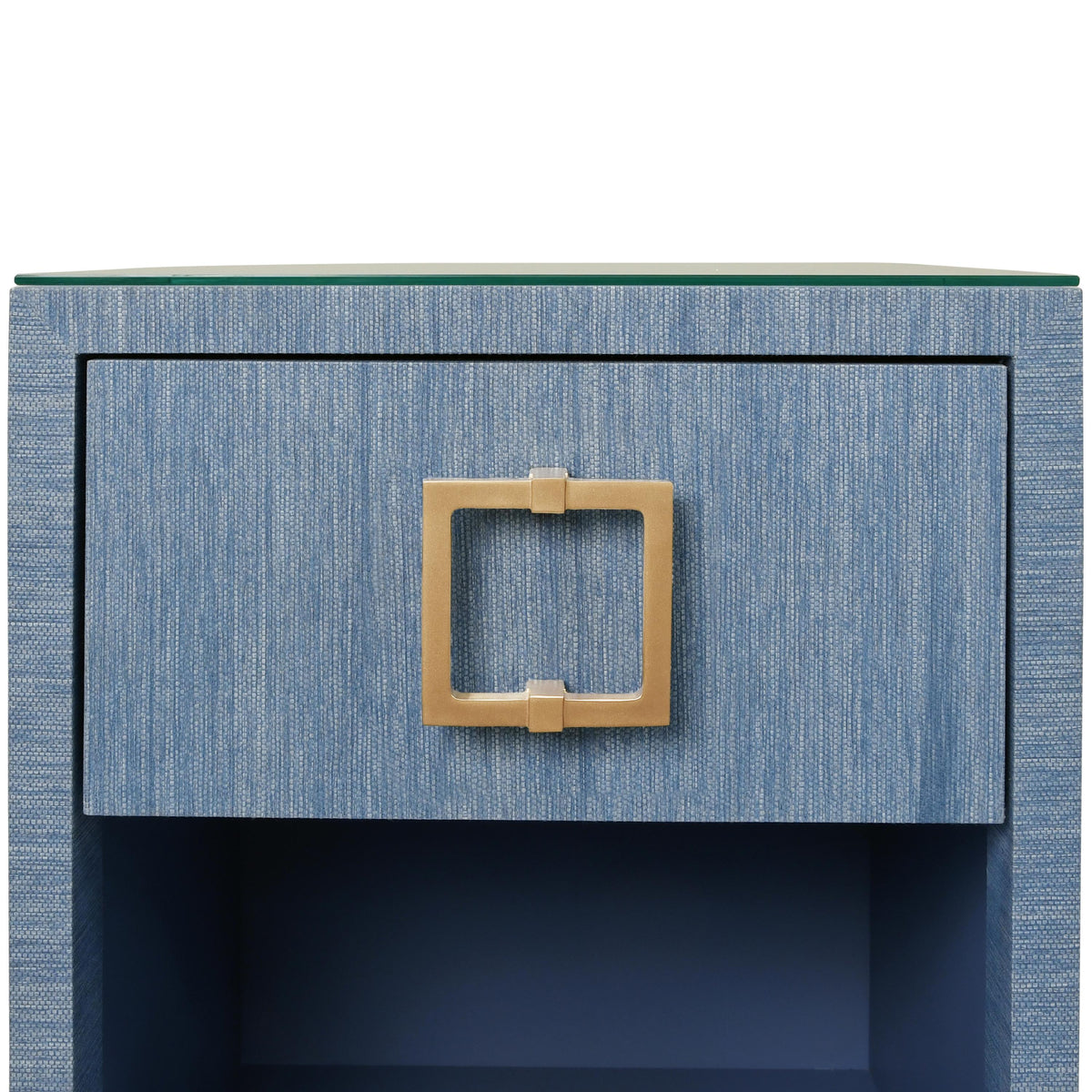 Worlds Away One Drawer Side Table With Large Brass Square Hardware In Blue Dyed Grasscloth With Glass Top