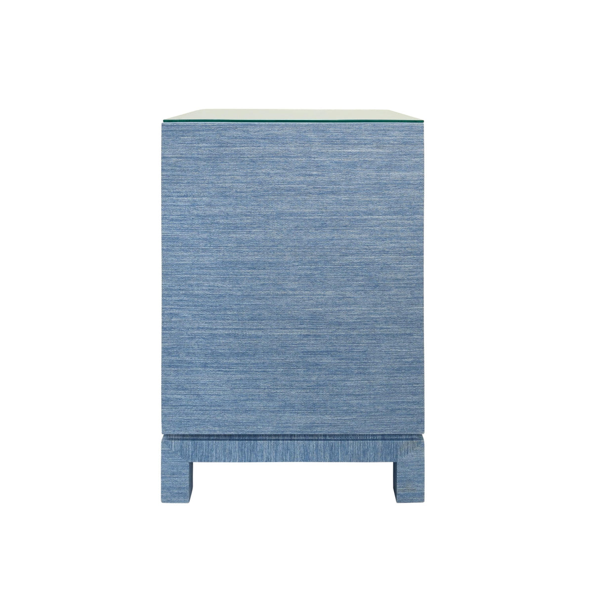Worlds Away One Drawer Side Table With Large Brass Square Hardware In Blue Dyed Grasscloth With Glass Top