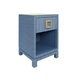 Worlds Away One Drawer Side Table With Large Brass Square Hardware In Blue Dyed Grasscloth With Glass Top