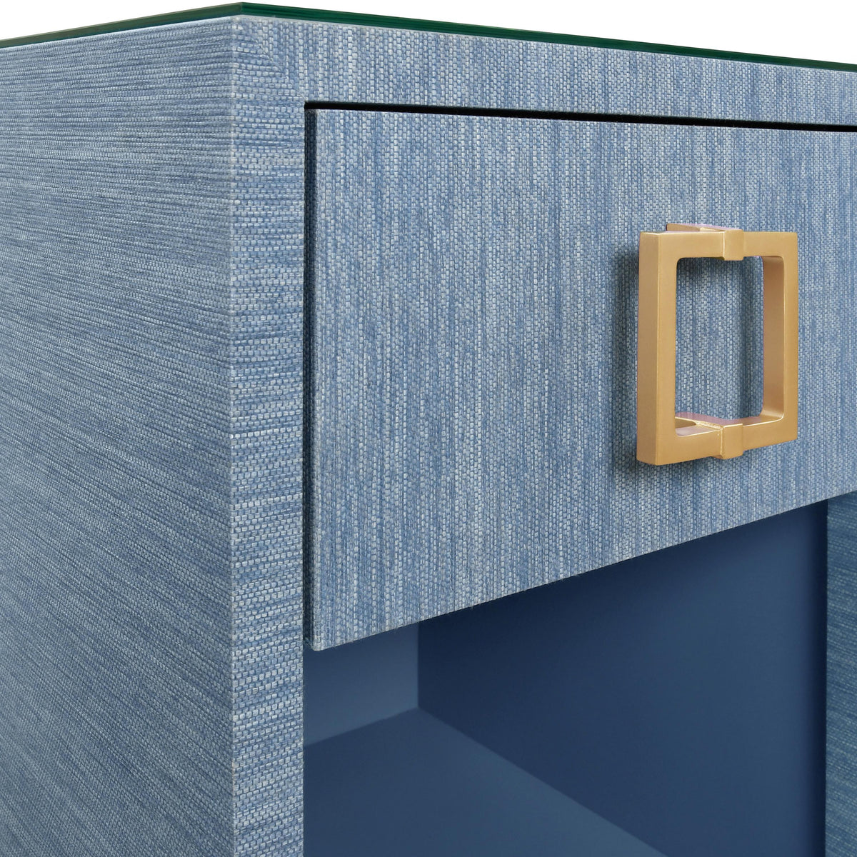 Worlds Away One Drawer Side Table With Large Brass Square Hardware In Blue Dyed Grasscloth With Glass Top