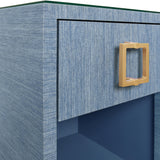 Worlds Away One Drawer Side Table With Large Brass Square Hardware In Blue Dyed Grasscloth With Glass Top
