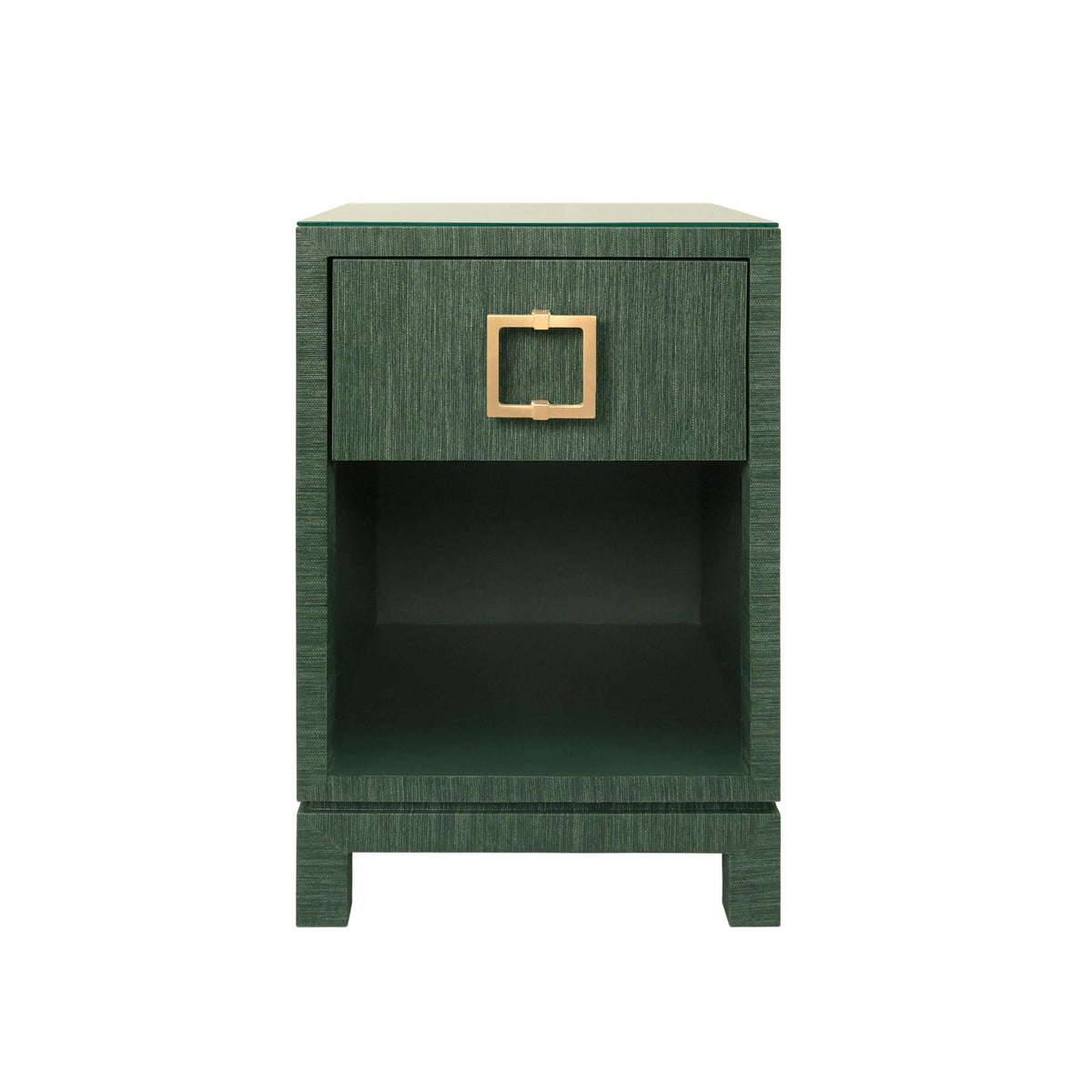 Worlds Away One Drawer Side Table With Large Brass Square Hardware In Green Dyed Grasscloth With Glass Top