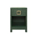 Worlds Away One Drawer Side Table With Large Brass Square Hardware In Green Dyed Grasscloth With Glass Top