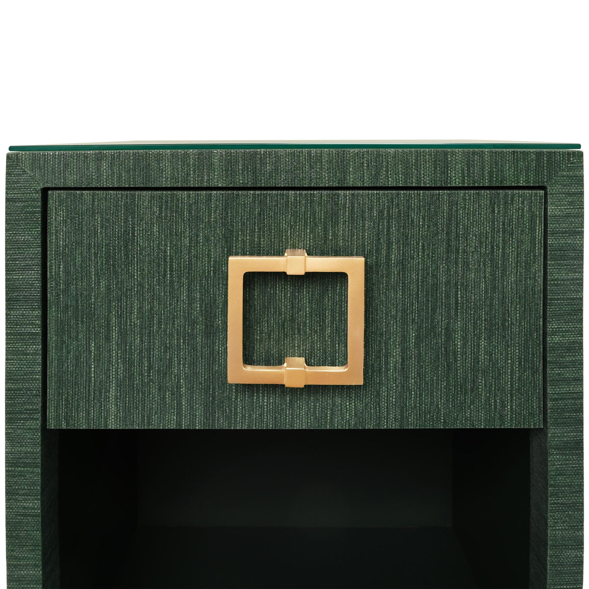 Worlds Away One Drawer Side Table With Large Brass Square Hardware In Green Dyed Grasscloth With Glass Top
