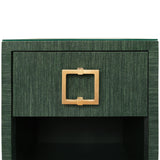 Worlds Away One Drawer Side Table With Large Brass Square Hardware In Green Dyed Grasscloth With Glass Top