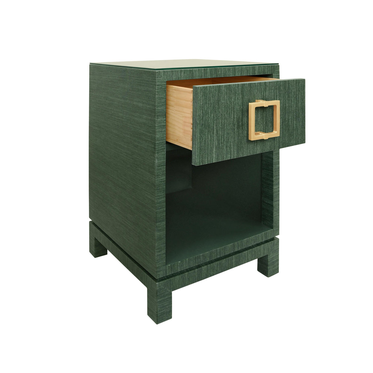 Worlds Away One Drawer Side Table With Large Brass Square Hardware In Green Dyed Grasscloth With Glass Top
