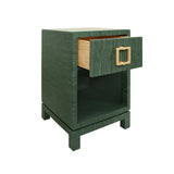 Worlds Away One Drawer Side Table With Large Brass Square Hardware In Green Dyed Grasscloth With Glass Top
