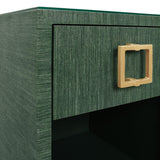 Worlds Away One Drawer Side Table With Large Brass Square Hardware In Green Dyed Grasscloth With Glass Top