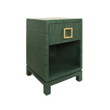 Worlds Away One Drawer Side Table With Large Brass Square Hardware In Green Dyed Grasscloth With Glass Top
