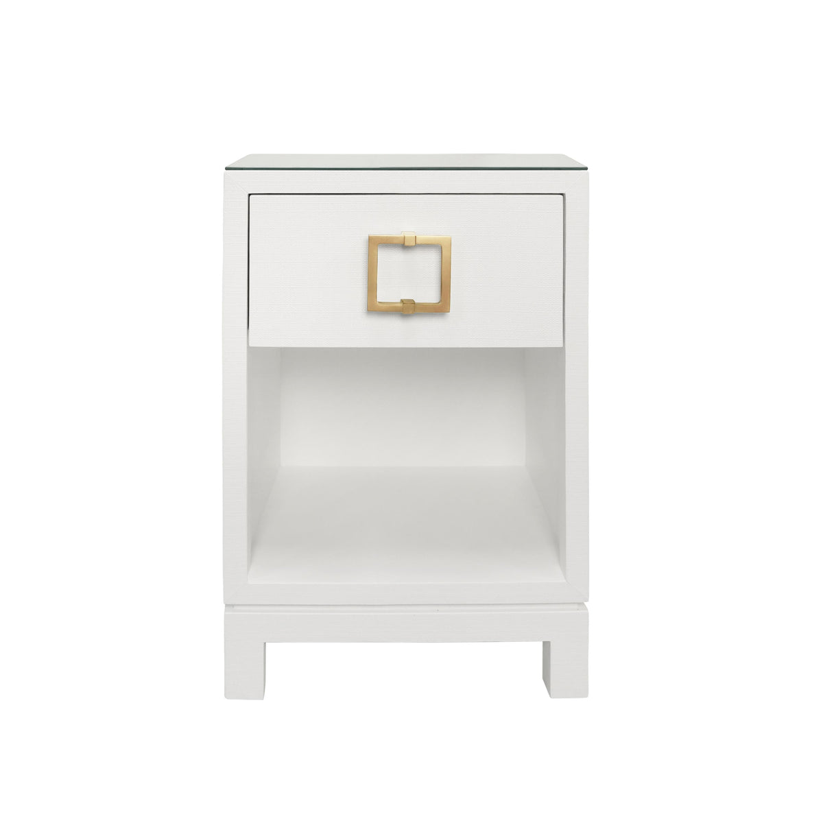 Worlds Away One Drawer Side Table With Large Brass Square Hardware In White Textured Linen With Glass Top