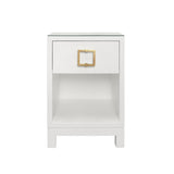Worlds Away One Drawer Side Table With Large Brass Square Hardware In White Textured Linen With Glass Top