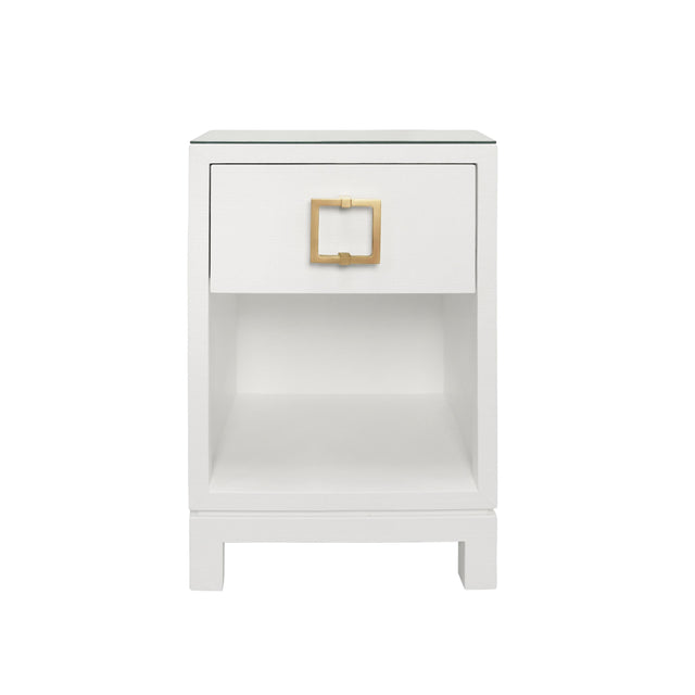 Worlds Away One Drawer Side Table With Large Brass Square Hardware In White Textured Linen With Glass Top