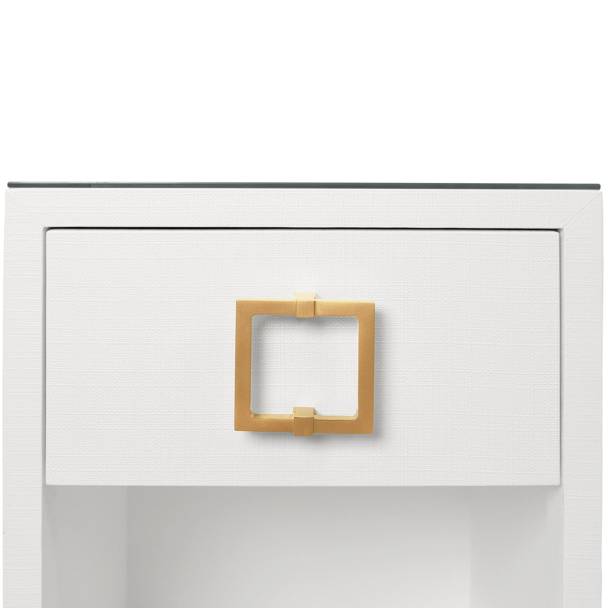 Worlds Away One Drawer Side Table With Large Brass Square Hardware In White Textured Linen With Glass Top