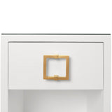 Worlds Away One Drawer Side Table With Large Brass Square Hardware In White Textured Linen With Glass Top