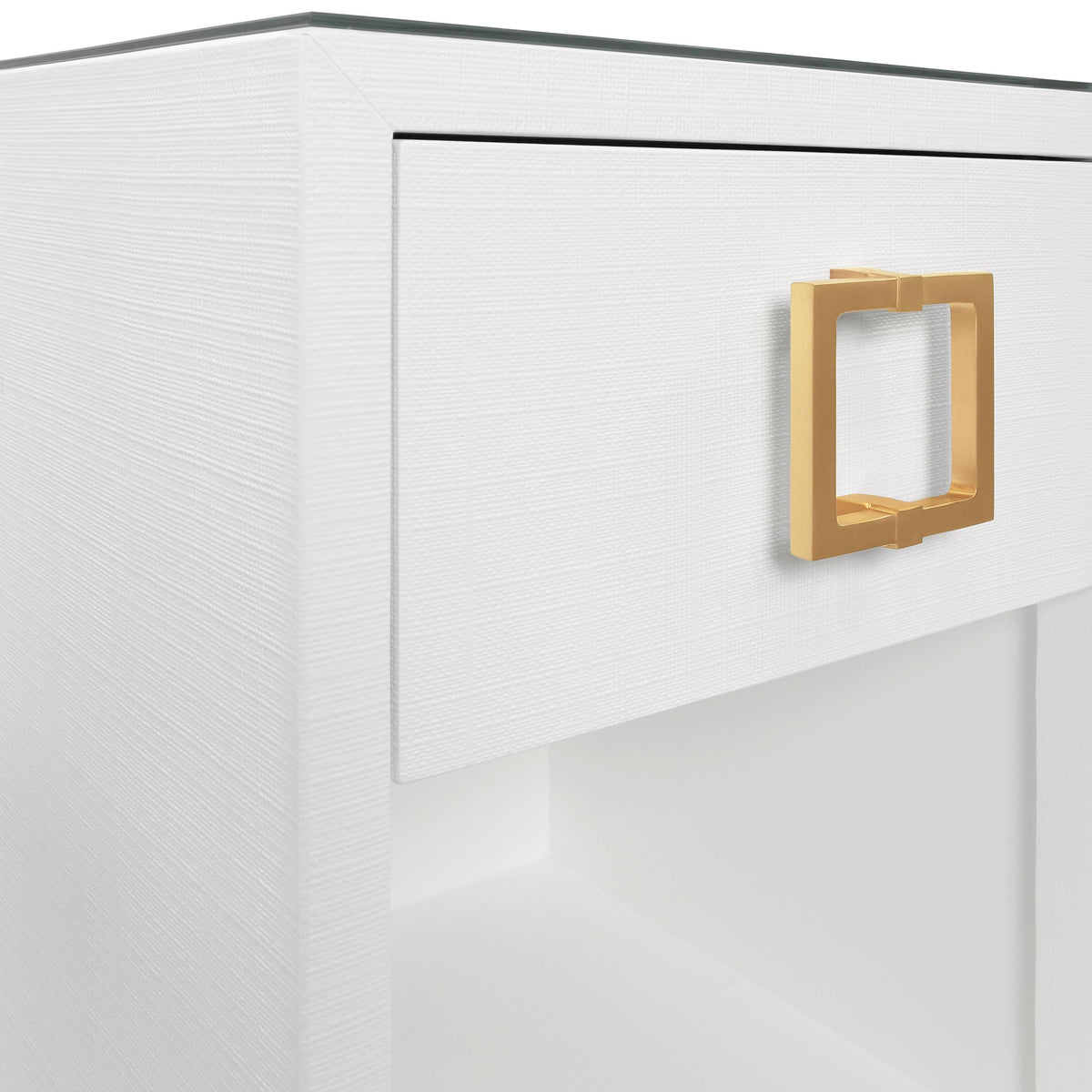 Worlds Away One Drawer Side Table With Large Brass Square Hardware In White Textured Linen With Glass Top
