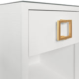 Worlds Away One Drawer Side Table With Large Brass Square Hardware In White Textured Linen With Glass Top