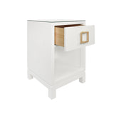 Worlds Away One Drawer Side Table With Large Brass Square Hardware In White Textured Linen With Glass Top