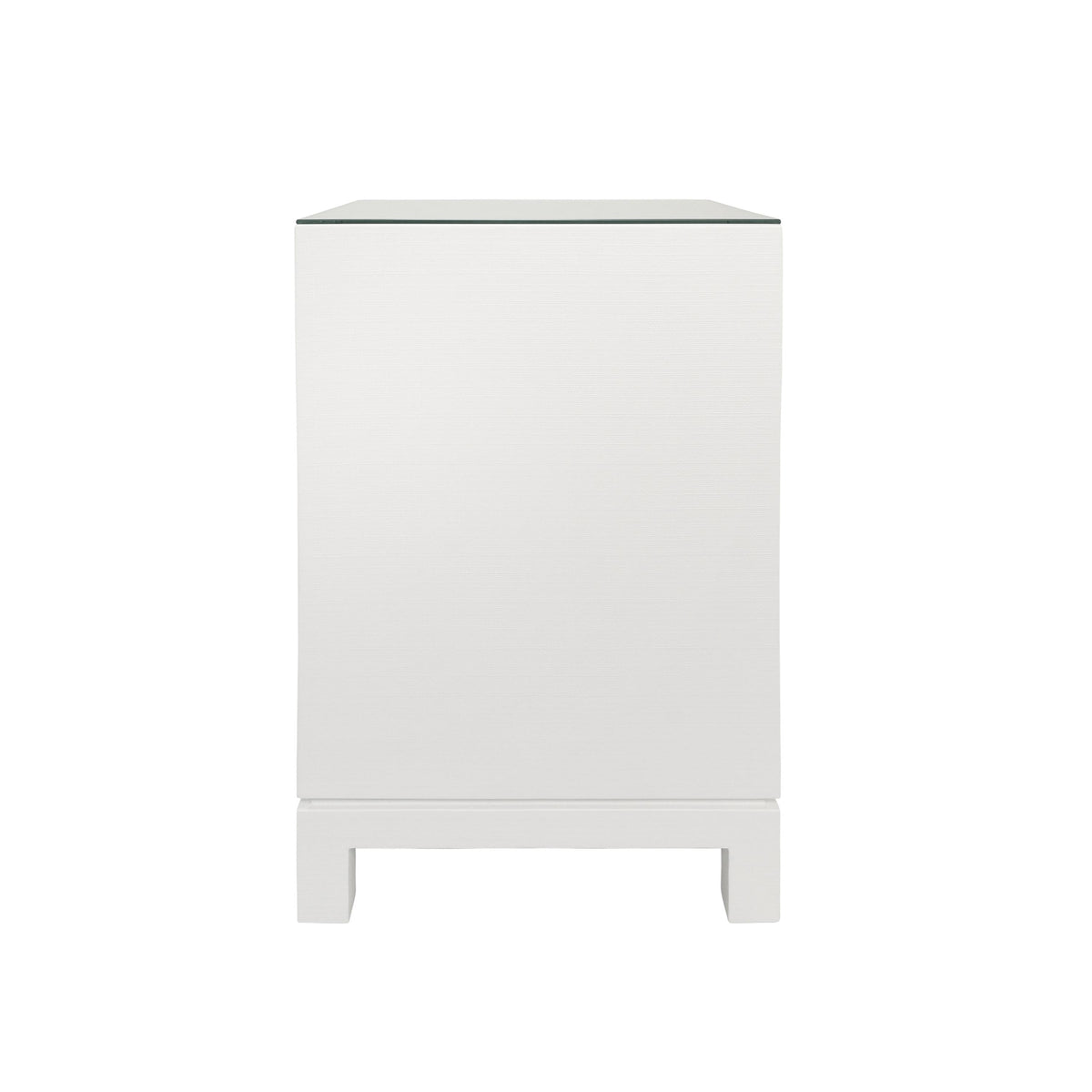 Worlds Away One Drawer Side Table With Large Brass Square Hardware In White Textured Linen With Glass Top