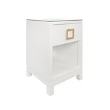 Worlds Away One Drawer Side Table With Large Brass Square Hardware In White Textured Linen With Glass Top