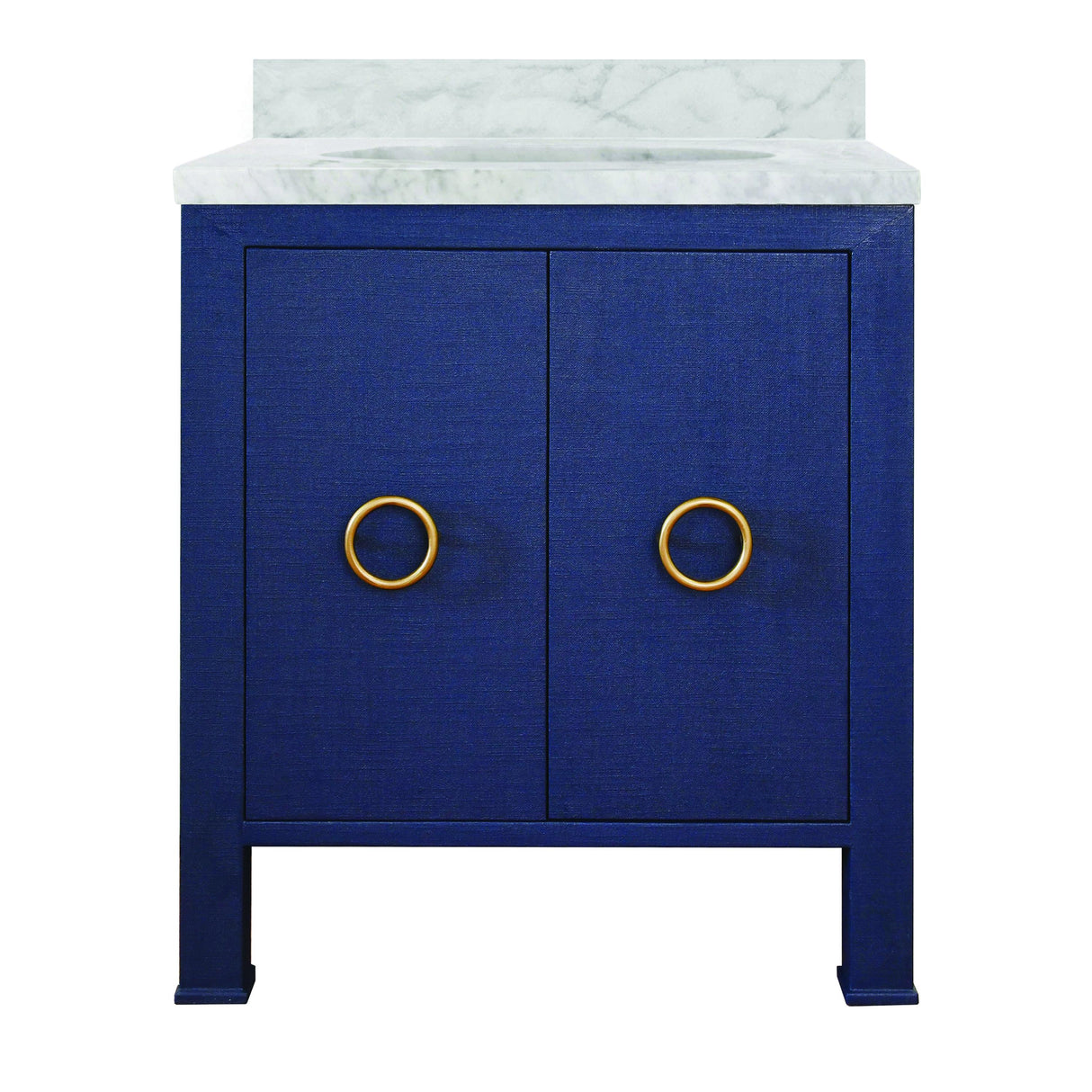 Worlds Away Bath Vanity In Textured Navy Linen W/ Ant. Brass Hardware, White Marble Top, And Porcelain Sink