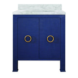 Worlds Away Bath Vanity In Textured Navy Linen W/ Ant. Brass Hardware, White Marble Top, And Porcelain Sink