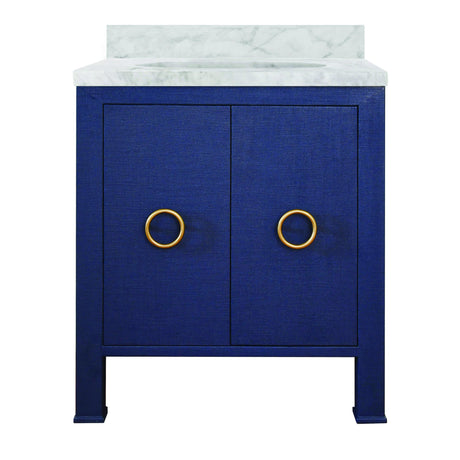 Worlds Away Bath Vanity In Textured Navy Linen W/ Ant. Brass Hardware, White Marble Top, And Porcelain Sink