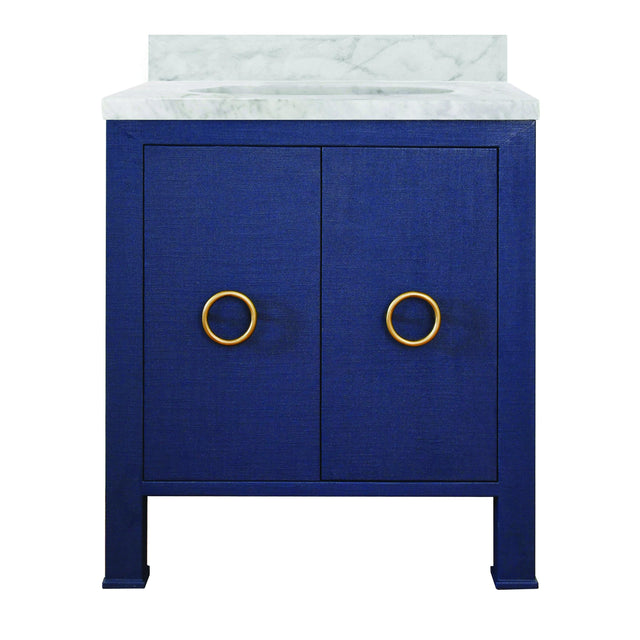 Worlds Away Bath Vanity In Textured Navy Linen W/ Ant. Brass Hardware, White Marble Top, And Porcelain Sink