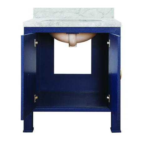 Worlds Away Bath Vanity In Textured Navy Linen W/ Ant. Brass Hardware, White Marble Top, And Porcelain Sink