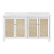 Worlds Away Bath Vanity In Matte White Lacquer With Cane Front Doors, White Marble Top, Double Porcelain Sinks, And Polished Brass Knobs, 60" Wide