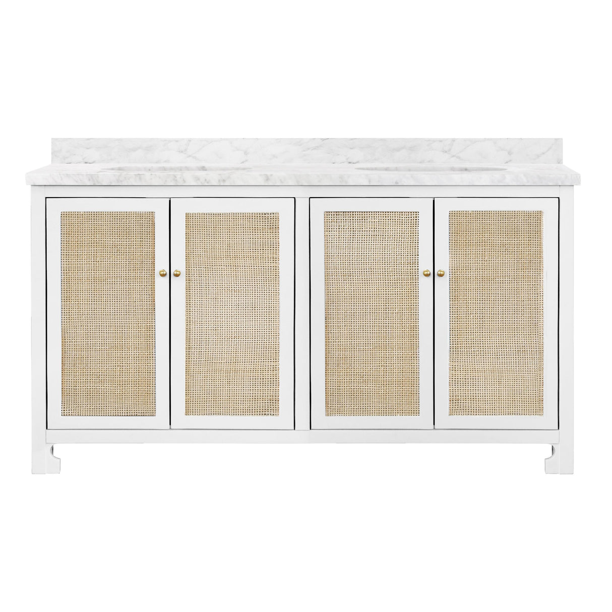 Worlds Away Bath Vanity In Matte White Lacquer With Cane Front Doors, White Marble Top, Double Porcelain Sinks, And Polished Brass Knobs, 60" Wide