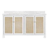 Worlds Away Bath Vanity In Matte White Lacquer With Cane Front Doors, White Marble Top, Double Porcelain Sinks, And Polished Brass Knobs, 60" Wide