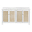Worlds Away Bath Vanity In Matte White Lacquer With Cane Front Doors, White Marble Top, Double Porcelain Sinks, And Polished Brass Knobs, 60" Wide