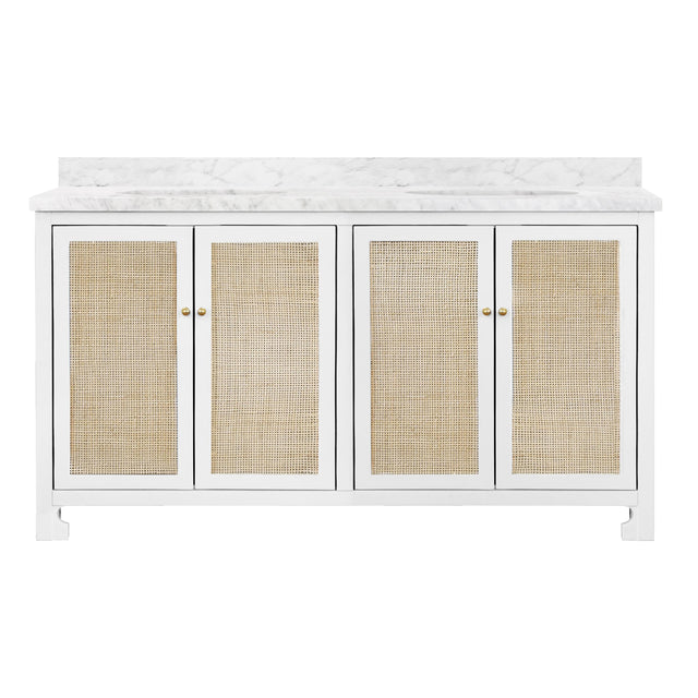 Worlds Away Bath Vanity In Matte White Lacquer With Cane Front Doors, White Marble Top, Double Porcelain Sinks, And Polished Brass Knobs, 60" Wide